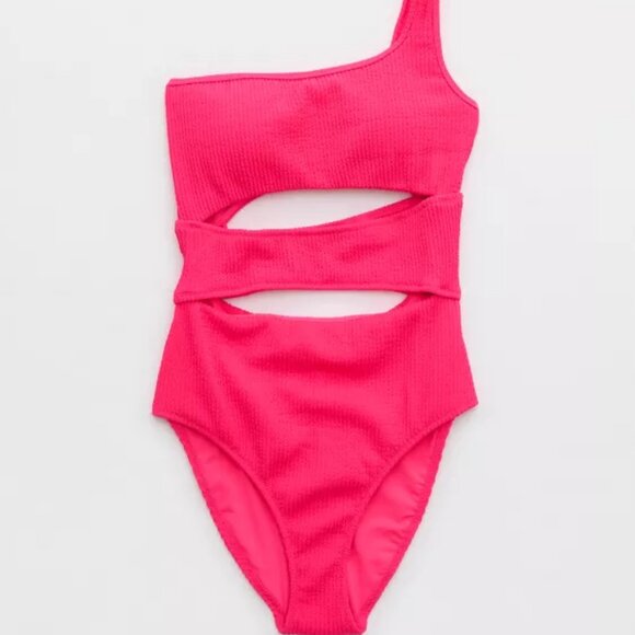 Aerie Crinkle‎ Cut Out One Shoulder One Piece Full Coverage Swimsuit Small NWT - Picture 3 of 12